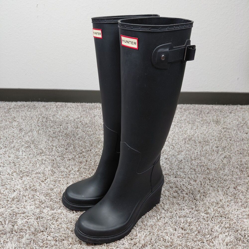 Hunter Original Refined Mid Wedge Tall Boots Womens 8 Black Rain Ourdoor